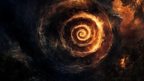 Fiery cosmic vortex spirals warmly through a dark rocky void