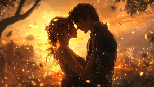 Two lovers embrace amid golden light and burning embers.