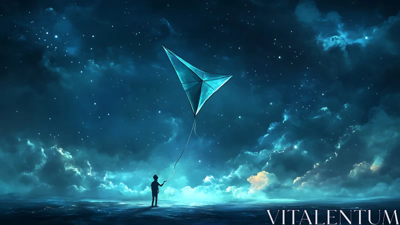 Child beneath starlit sky flies luminous crystal kite dreamily.