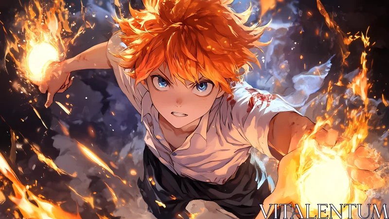 Blazing-hearted hero leaping through a storm of fire.