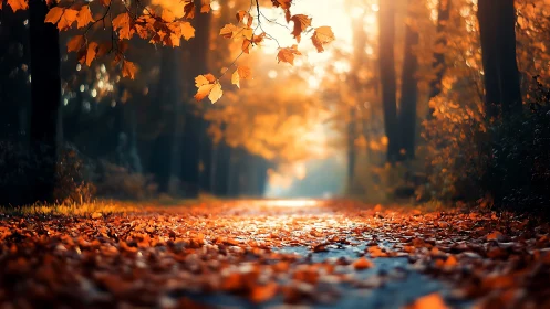 Golden autumn forest path in glowing bokeh lightscape.