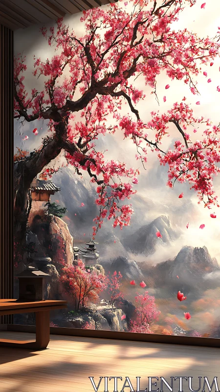 Serene cherry blossom mural over misty mountain temples.