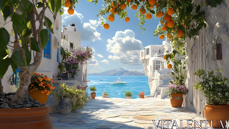 Mediterranean alleyway with citrus canopy and marine horizon.