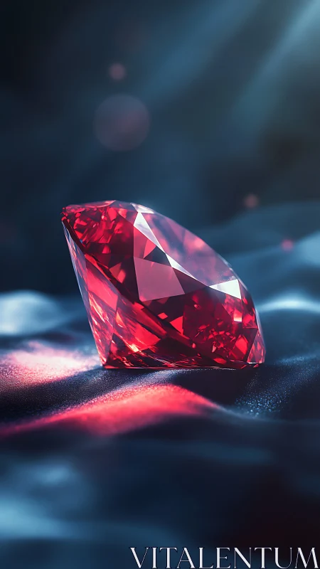Radiant red gemstone glows softly on a cool silky surface