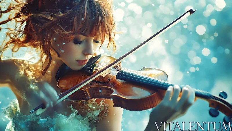 Violinist immersed in luminous bokeh dreamscape performance