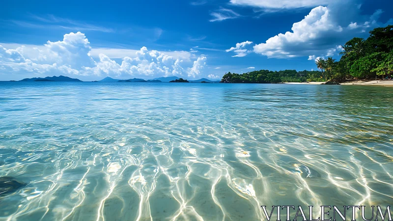 Shallow tropical waters sparkle under vivid blue skies.