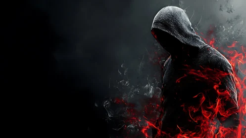 Hooded figure in infernal flames, high-contrast digital painting.