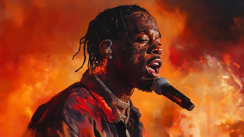 Fiery rapper portrait captures intense live performance energy.