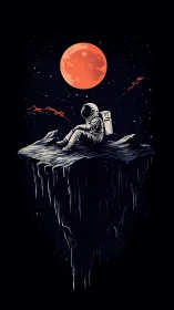 Solitary astronaut resting on floating rock in space.