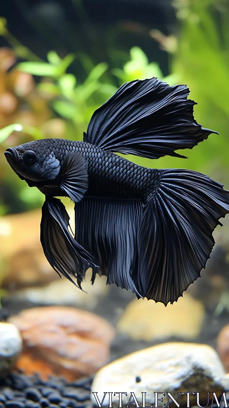Velvety black betta fish drifts through a tranquil aquascape