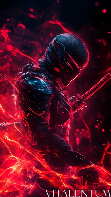 Shadowed cyber ninja wrapped in swirling neon embers.