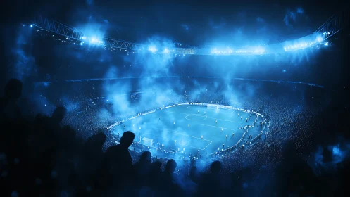 Nebula-lit football stadium drenched in electric blue night.