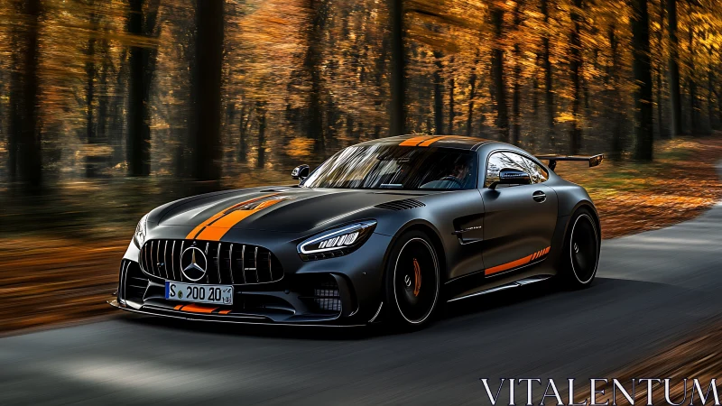Matte black Mercedes sports car on forest road in autumn.