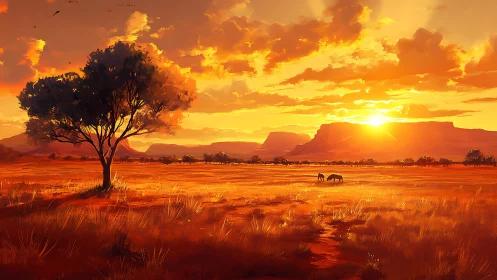 Golden savanna sunset with grazing animals and lone tree.