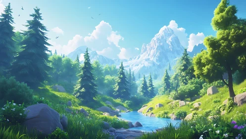 Alpine Valley Landscape with Layered Mountain Vista and Coniferous Forest