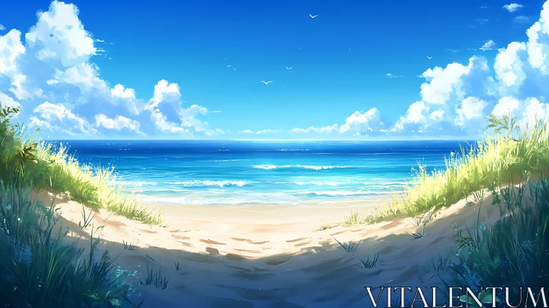 High-saturation digital seascape renders dune-framed shoreline