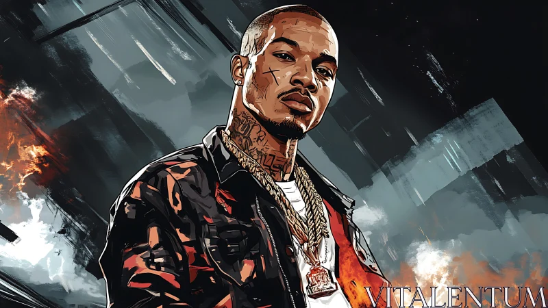 Stylized portrait of tattooed man in jacket and chains