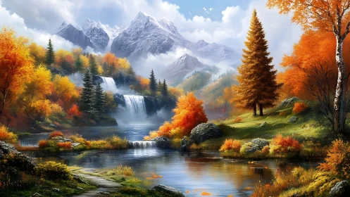 Autumn cascades serenade crystal lake beneath silver peaks.