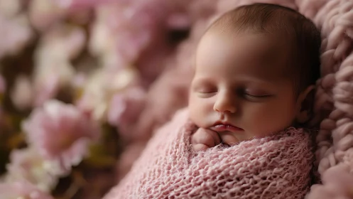 Peaceful newborn baby wrapped in soft pink blanket