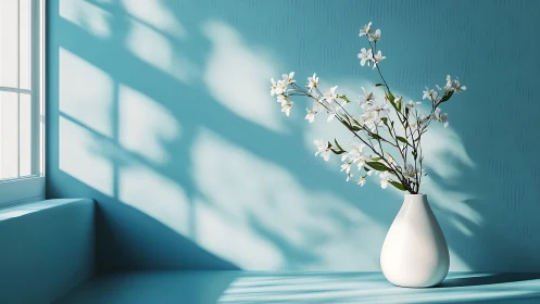 Minimalist Interior: White Floral Arrangement in Geometric Turquoise Space.