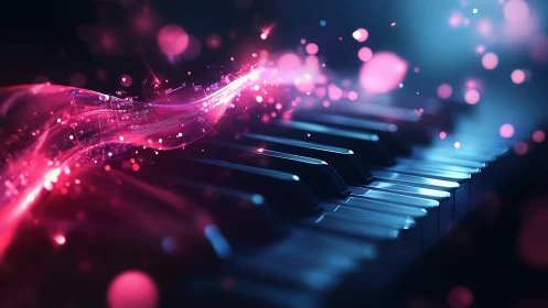 Piano keyboard with abstract pink light trails and bokeh.