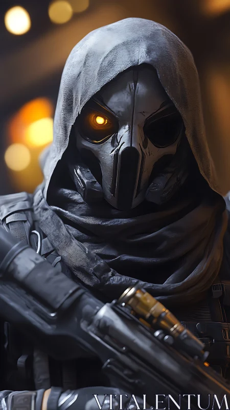 Hooded cyber reaper studies targets through molten amber eye