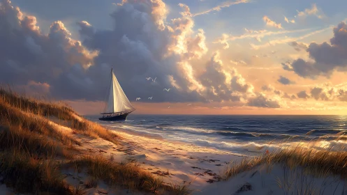 Sunlit sailboat drifts past windswept dunes at glowing dusk
