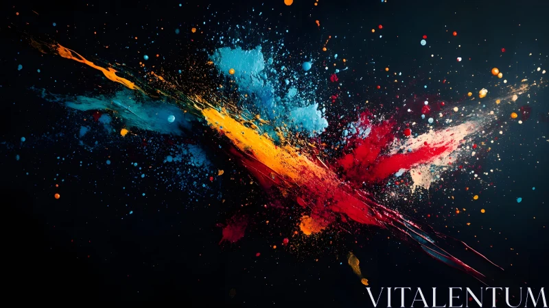 Vibrant paint splashes in dynamic abstract style on dark background.