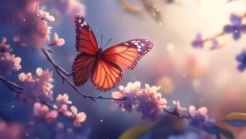 Monarch butterfly glows over pastel cherry blossoms at dusk.