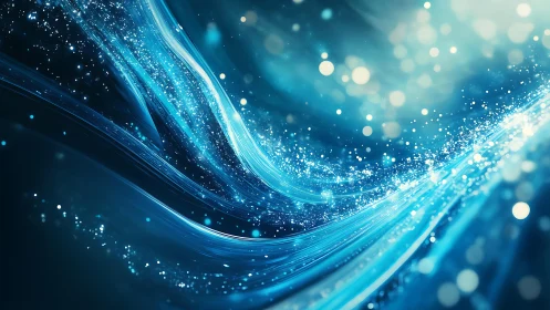 Flowing Blue Light Waves with Sparkling Particle Effects, Abstract Art.