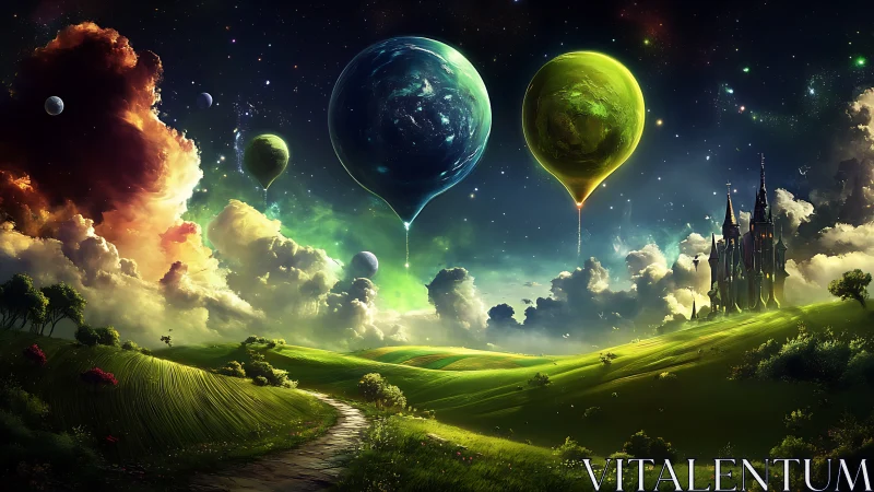 Surreal green landscape with planets over rolling hills.