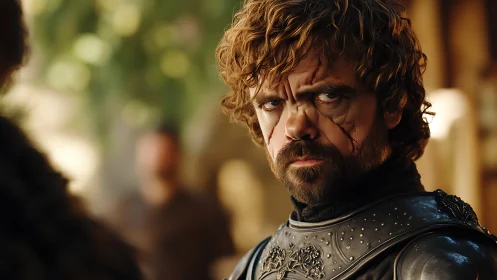 Scarred warrior in detailed leather armor, intense gaze.