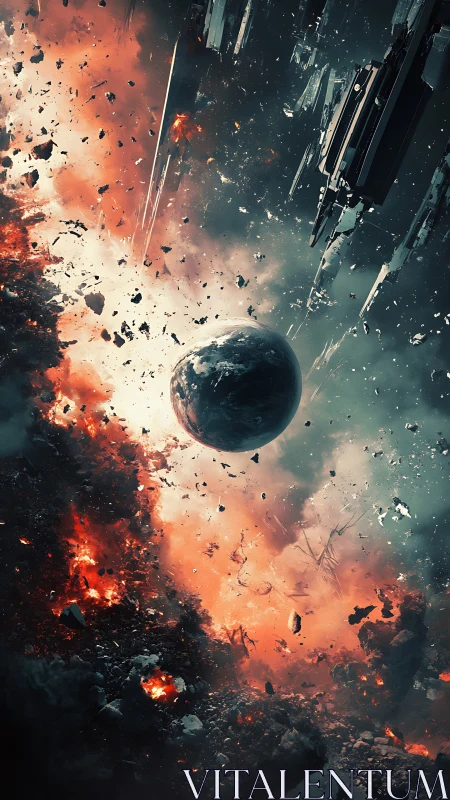 Shattered planet drifts through burning cosmic debris field