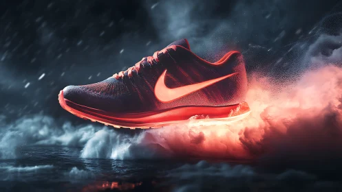 Ignited running shoe soars through stormy neon mist
