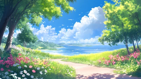 Lakeside path bordered by trees and mixed wildflowers.