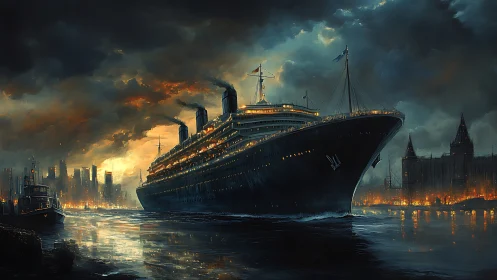 Grand ocean liner departs a stormy, firelit harbor at dusk.