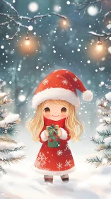 Chibi girl in red winter coat holding gift in snowy forest scene