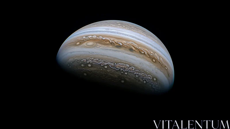 Swirling cloud bands on Jupiter&rsquo;s softly lit horizon.