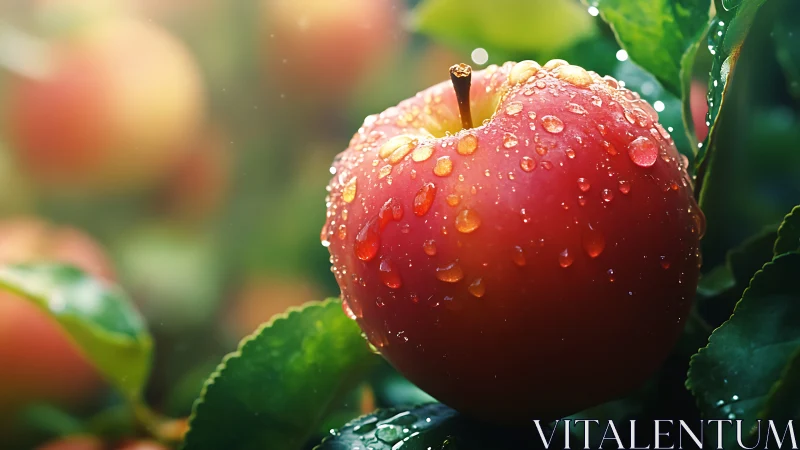 Sunlit dewy apple in lush orchard close-up render.