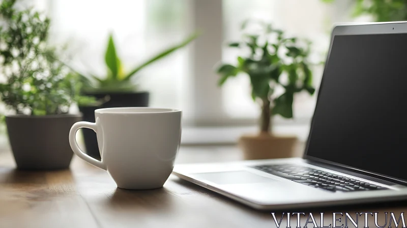 Calm workspace with coffee, laptop, and sunlit green plants.