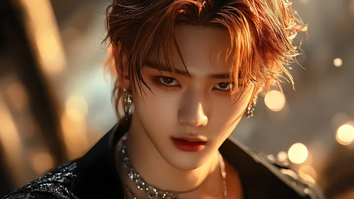 Digital close-up portrait of androgynous person in bokeh light.