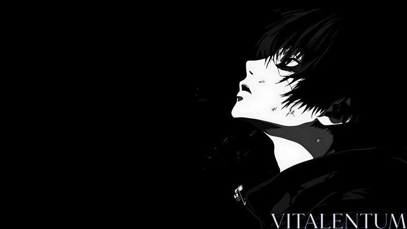 Midnight loner tilts toward the void in stark monochrome.