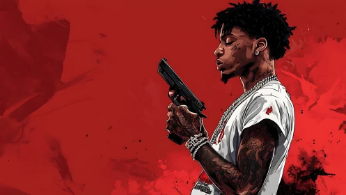 Stylized rapper profile holding handgun on blood-red field.