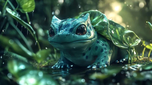 Bulbasaur creature rests in rainlit jungle under leaf