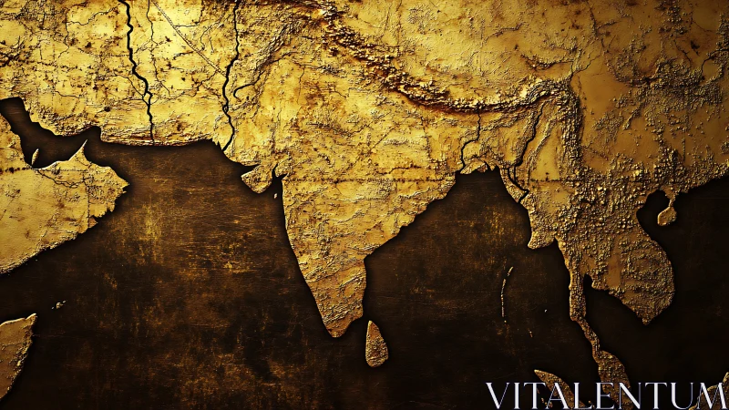 Textured 3D relief map of South Asia in sculpted gold finish.