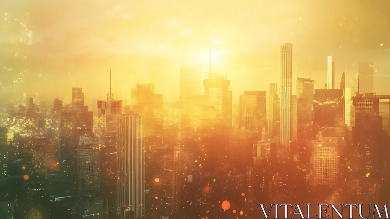 Volumetric sunlit megacity skyline in atmospheric haze field.
