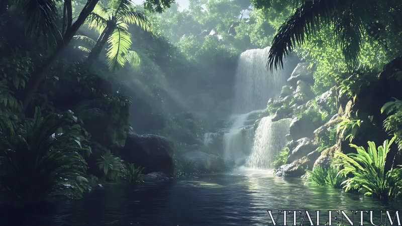 Sunlit tropical cascade with dense foliage and misted pool