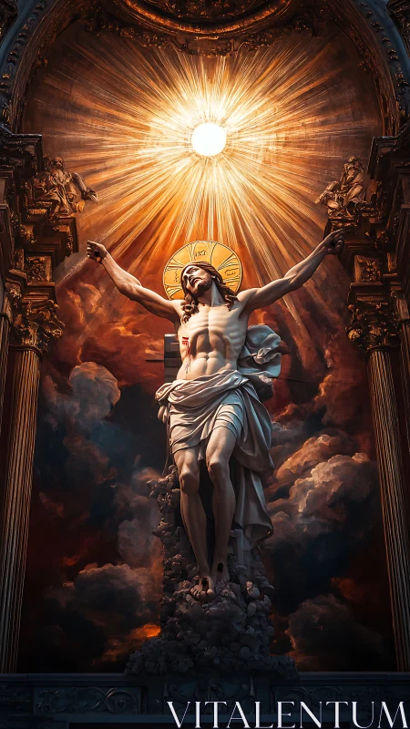 Crucified Christ sculpture rises under radiant celestial light