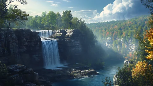 Sunlit canyon waterfalls pour into a misty forest river