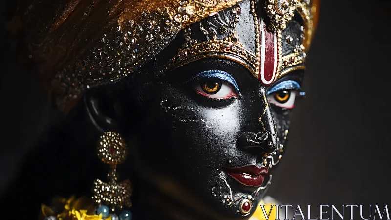 Radiant black stone deity portrait glows with gentle grace